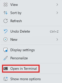 Desktop right-click menu with Open in Terminal highlighted