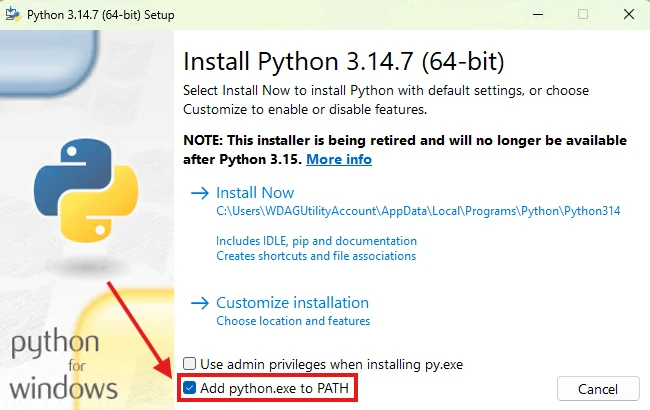 Python installer with Add python.exe to PATH selected