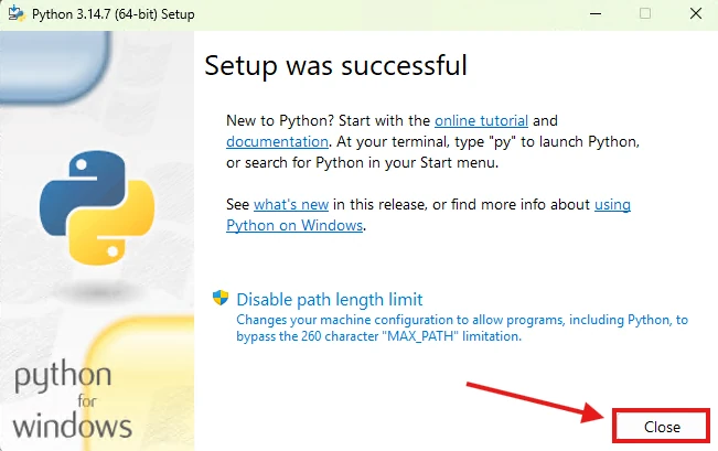 Successful Python installation window