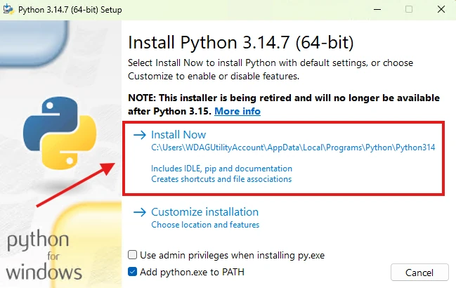 Install Now button in the Python installer