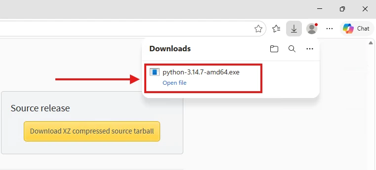 Downloaded Python installer in the browser downloads list