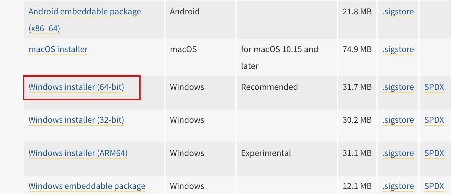 Windows 64-bit installer link on the Python download page