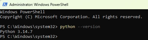 PowerShell showing the installed Python version