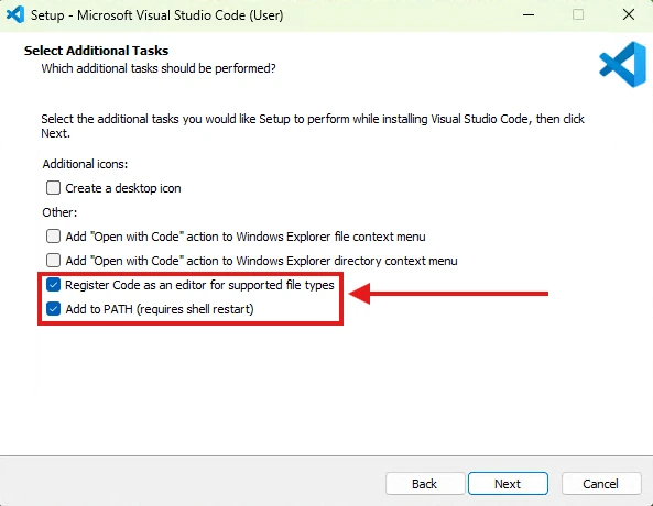 VS Code installer with Add to PATH selected