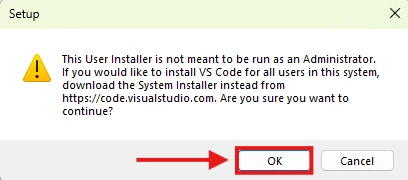 VS Code User Installer administrator warning