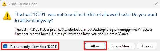 VS Code warning about host DC01 with Permanently allow host checked and Allow highlighted