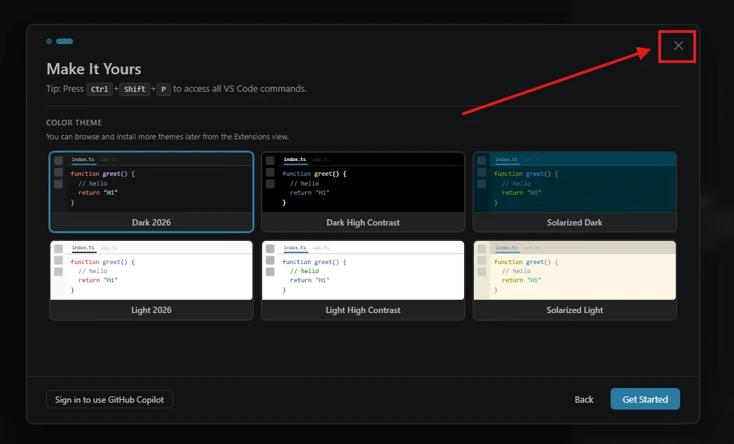 Close button on the VS Code Make It Yours introduction
