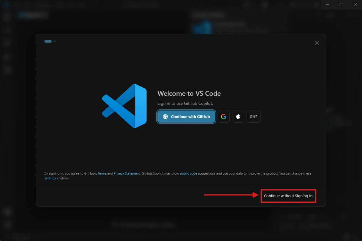 Continue without Signing In option in VS Code