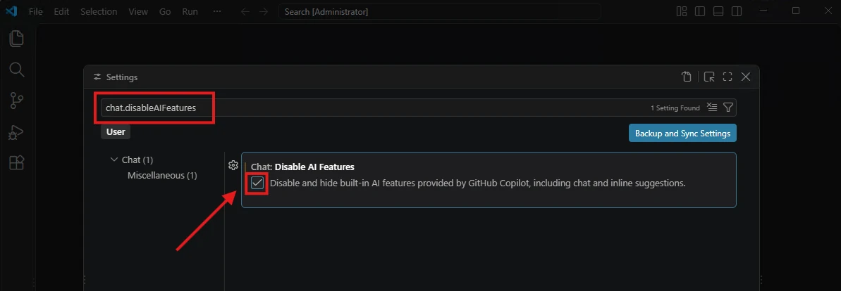 VS Code setting for disabling built-in AI features