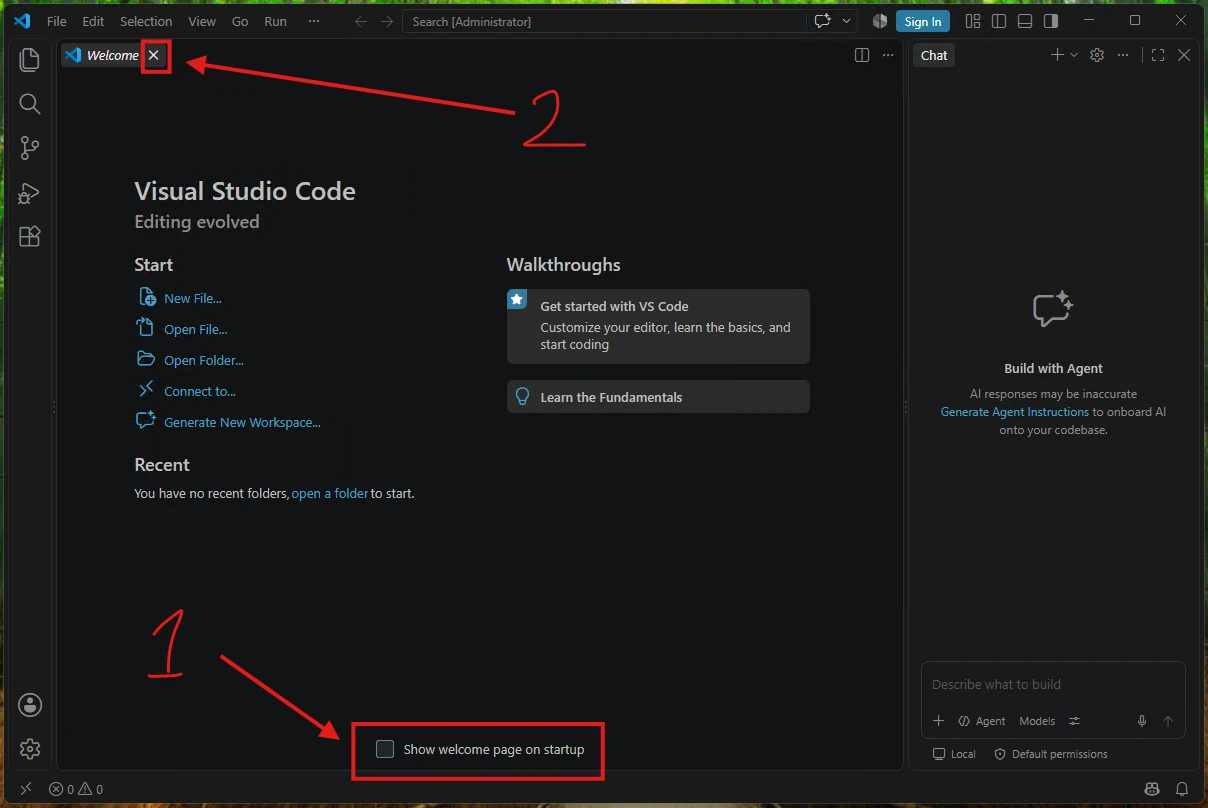 VS Code Welcome page startup option and close button
