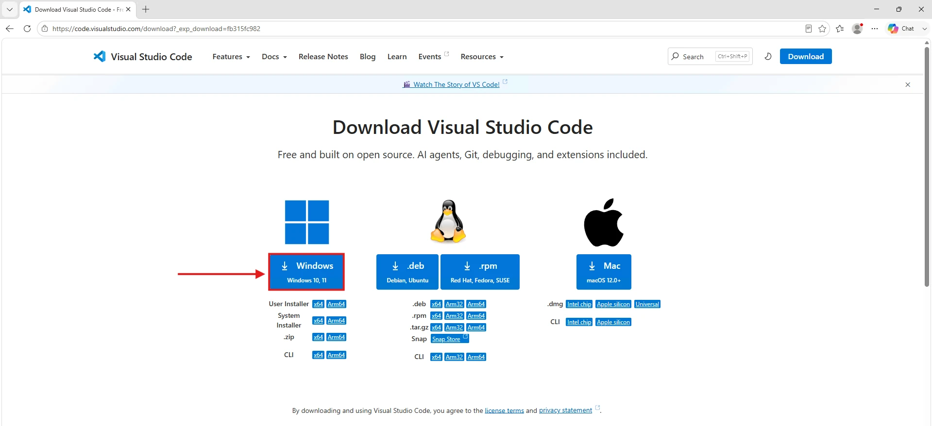 Windows download options on the VS Code website