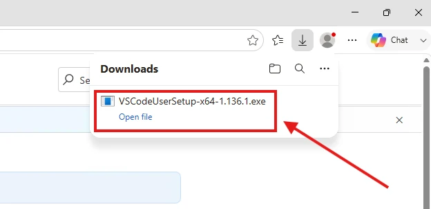 Downloaded VS Code installer in the browser downloads list
