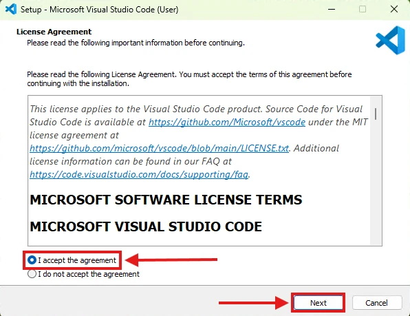 VS Code installer licence agreement